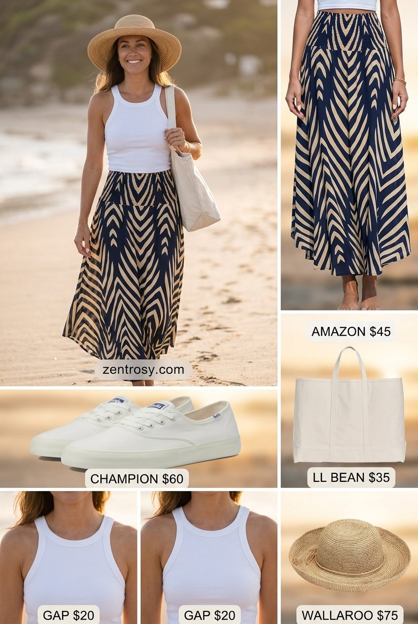 Vacation Summer Maxi Skirt and Sneakers Outfits 2026 Navy print maxi skirt, white tank, and tan tote with white sneakers for vacation outfits 2026.
