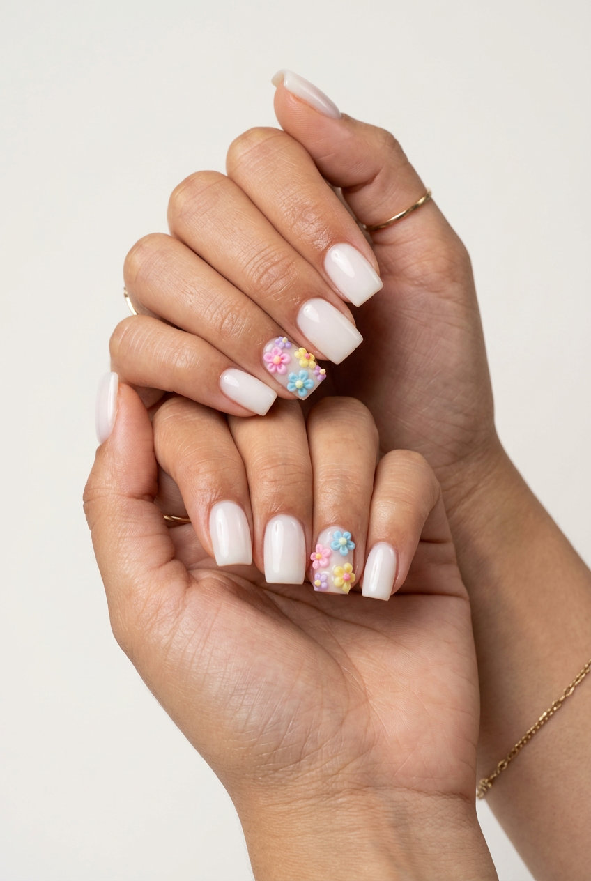 Whimsical 3D floral charms square nails for summer nail art 2026. Festival and whimsical style.
