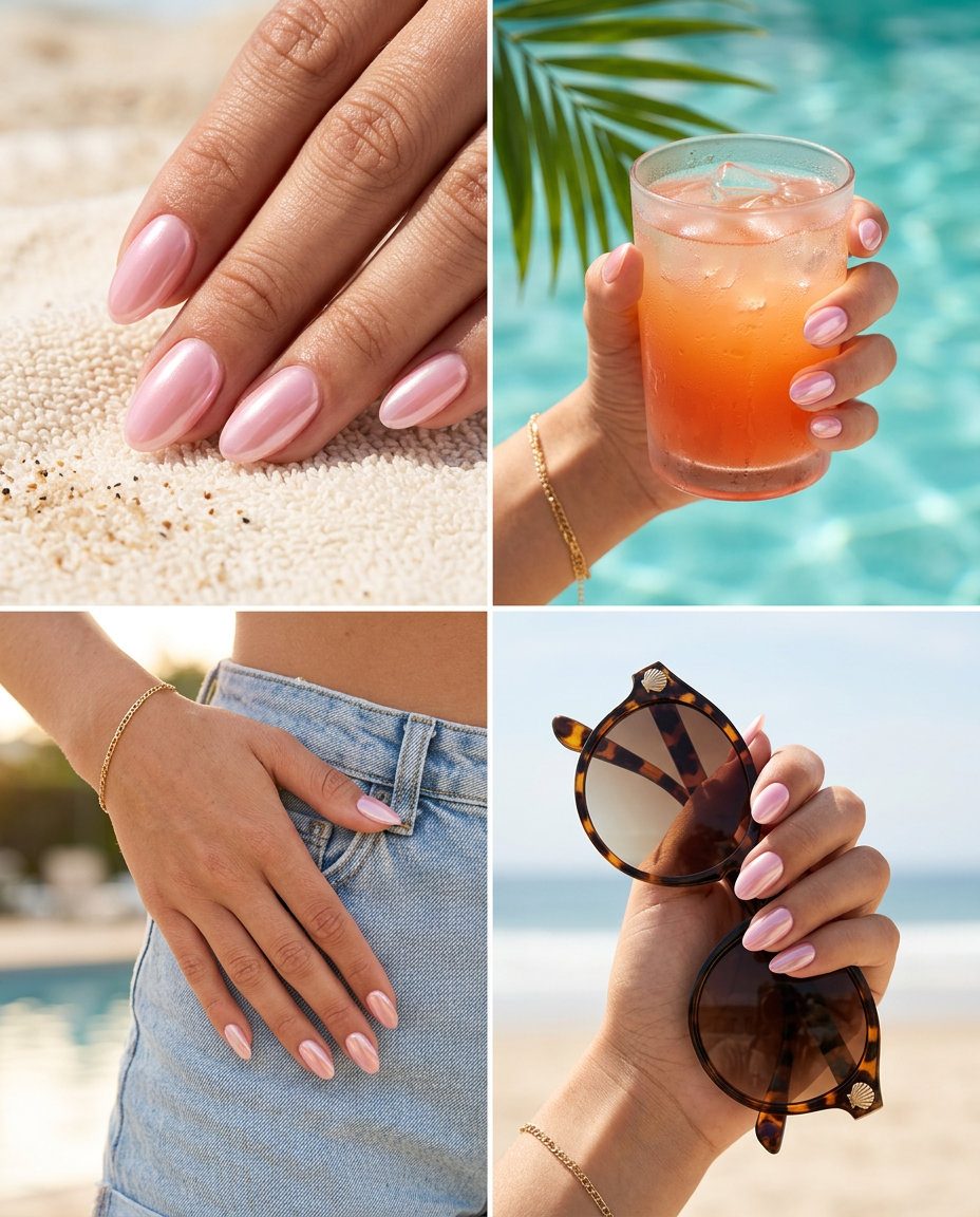 Elegant sheer pink glazed donut oval nails for daily wear or wedding guest, chic summer nail art 2026.