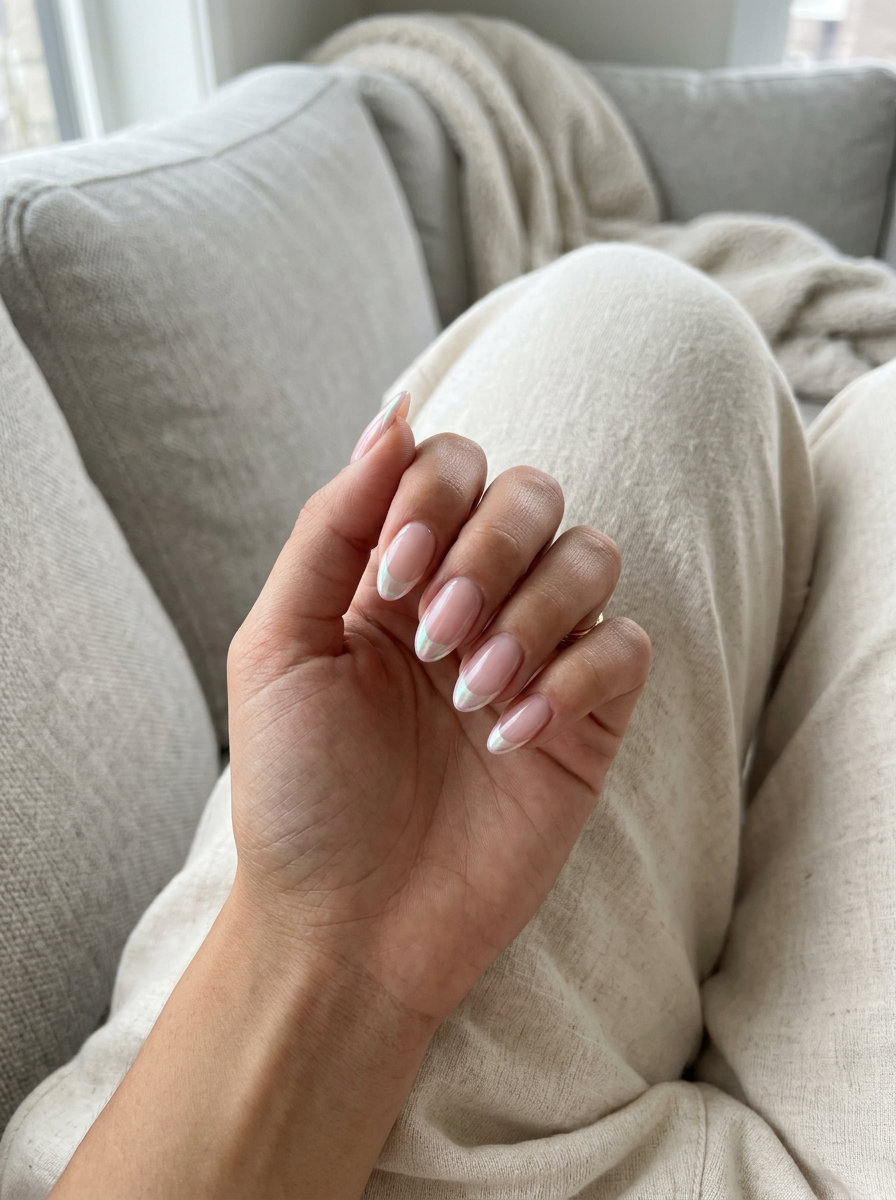 Ethereal iridescent chrome French tip almond nails for date night or wedding guest, polished summer nail art 2026.