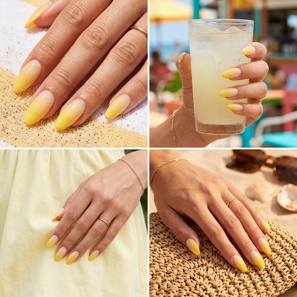Lemonade Jelly Ombre: Playful summer nail art 2026 with sheer butter yellow gradient for vacation and beach days.