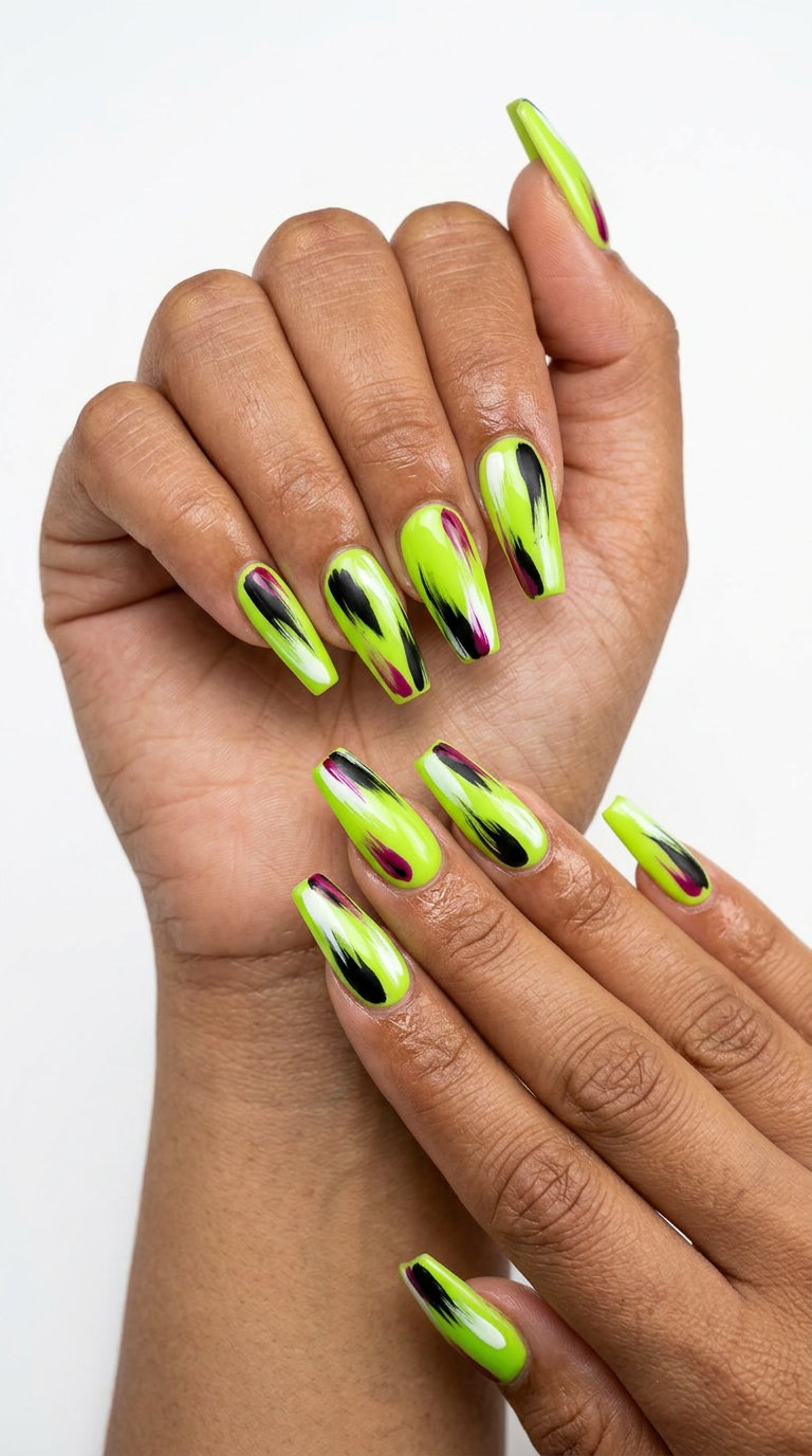 Bold artistic lime green strokes nails for festivals or creative events, edgy summer nail art 2026.