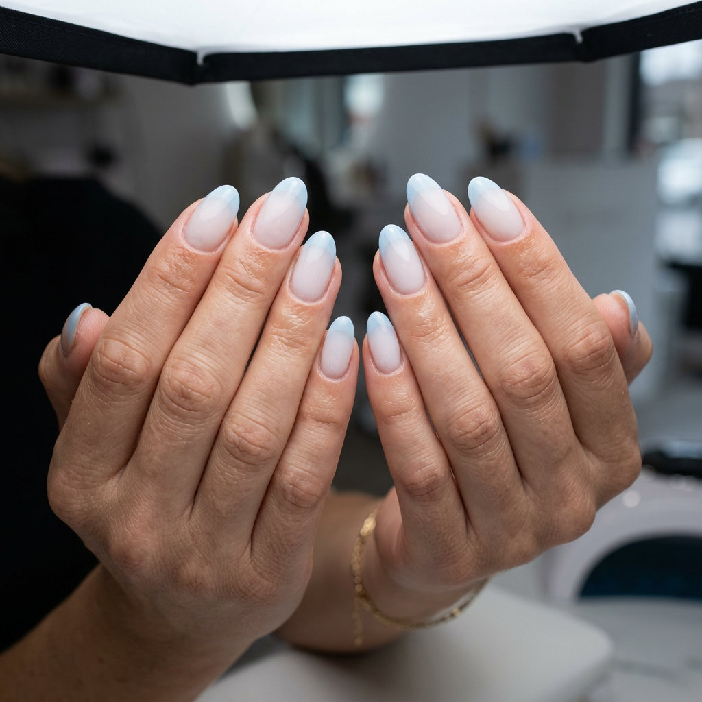 Ocean Fade French Oval: Dreamy summer nail art 2026 with milky white and sky blue gradient French tips.