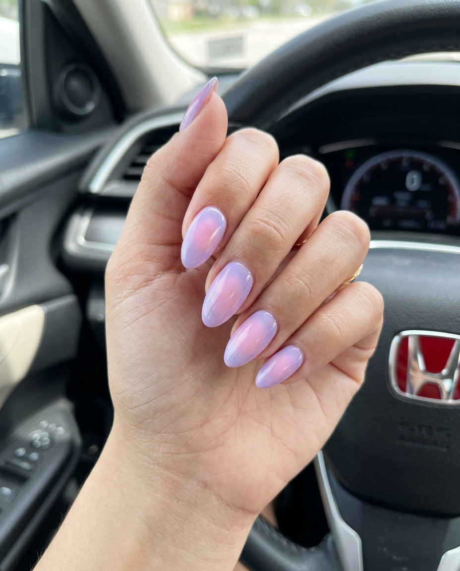 Dreamy pastel aura almond nails for summer nail art 2026. Romantic date and bridal shower style.