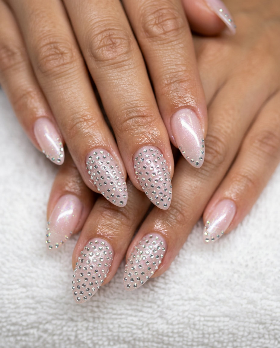 Glamorous sheer pink nails with clear rhinestone accents for wedding guest or date night, perfect summer nail art 2026.