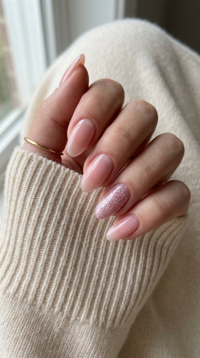Chic sheer pink sparkle accent almond nails for daily wear or party, feminine summer nail art 2026.