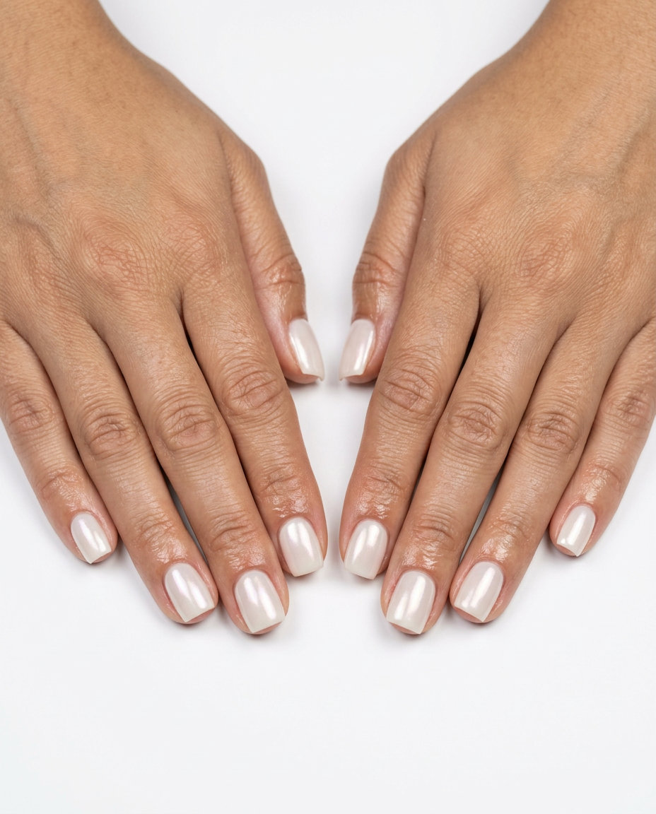 Apricot Nude Glazed Donut nails for summer 2026. Elegant daily wear with pearlescent shimmer.