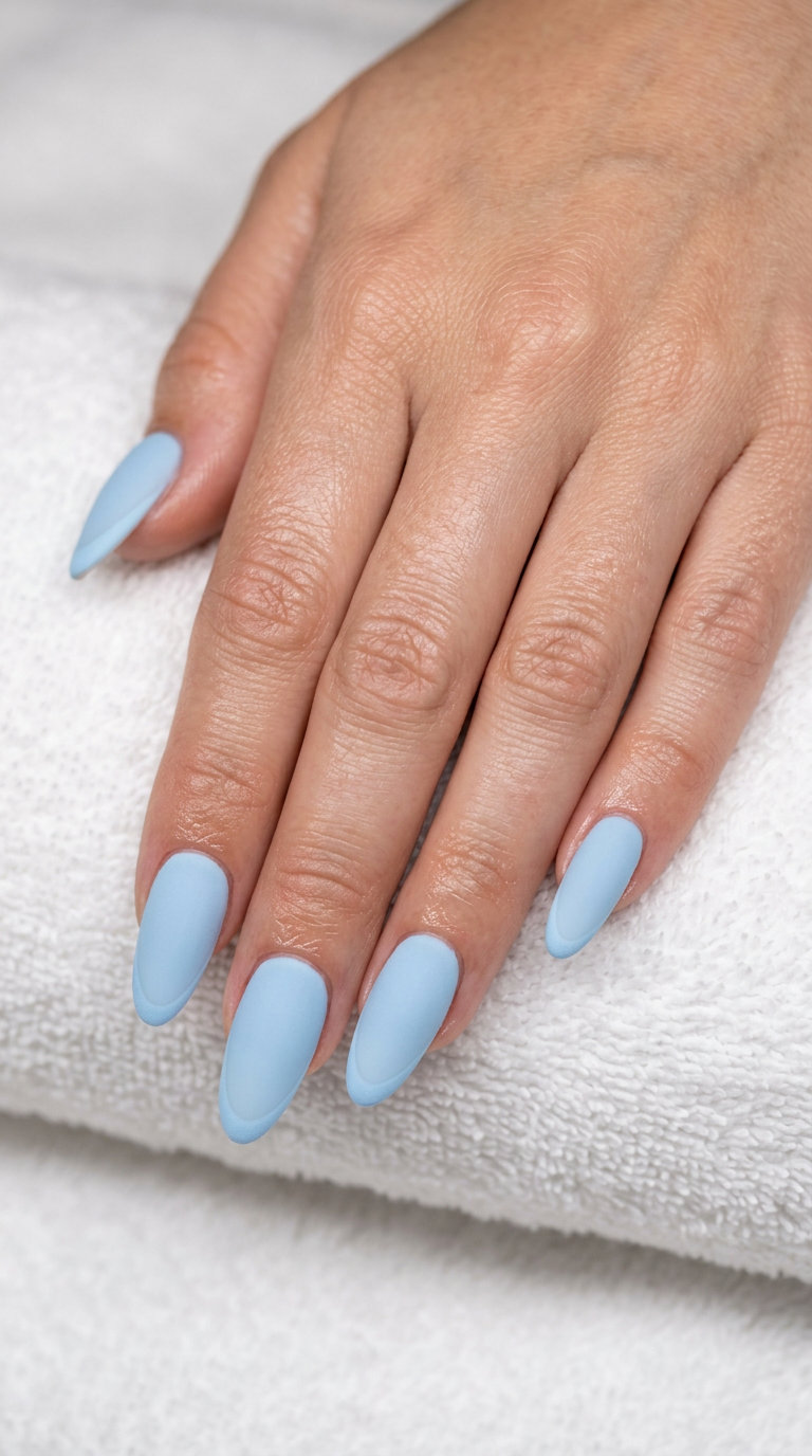 Sophisticated baby blue velvet French tip nails for summer nail colors 2026 date nights and formal events. Chic matte finish.