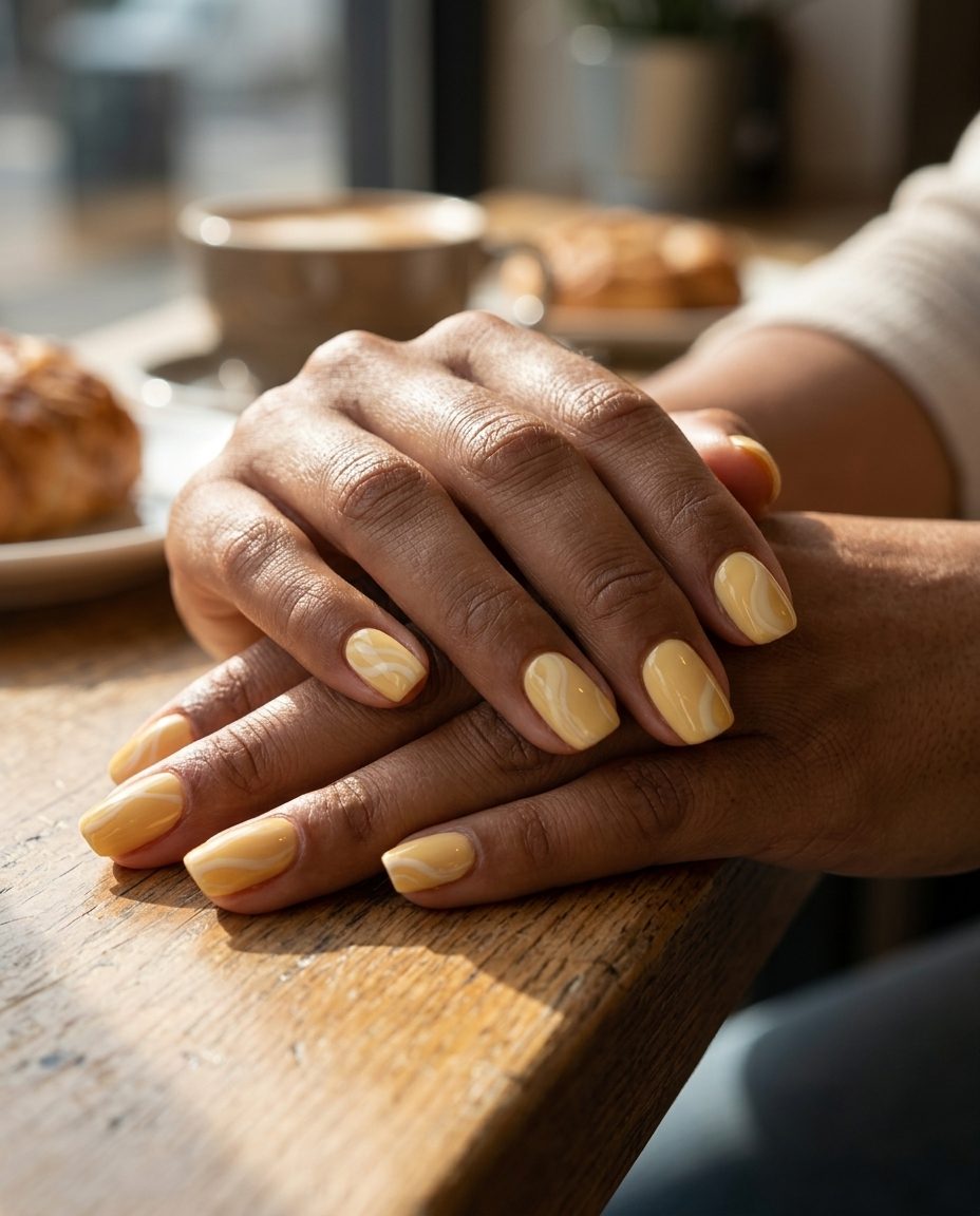 Butter Yellow Cream Swirls nails for summer 2026. Artistic yellow and cream nails for work.