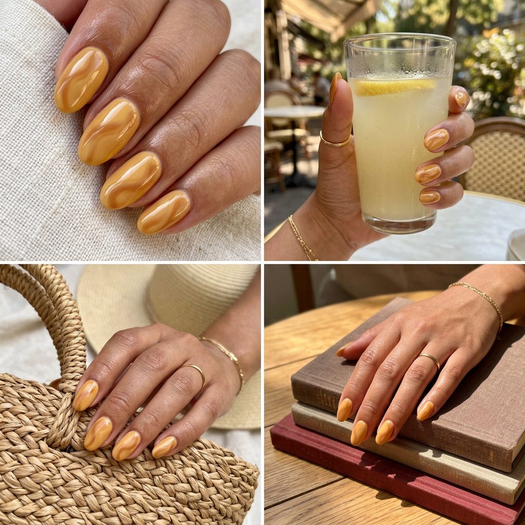 Butterscotch Creamy Swirls nails for summer 2026. Cozy warm sophisticated weekend brunch style.