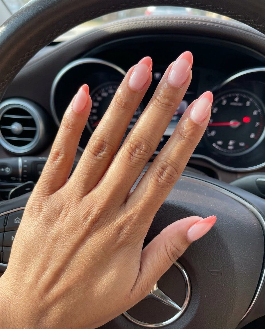 Coral Blush Milky French nails for summer 2026. Soft pink and coral tips for formal events.