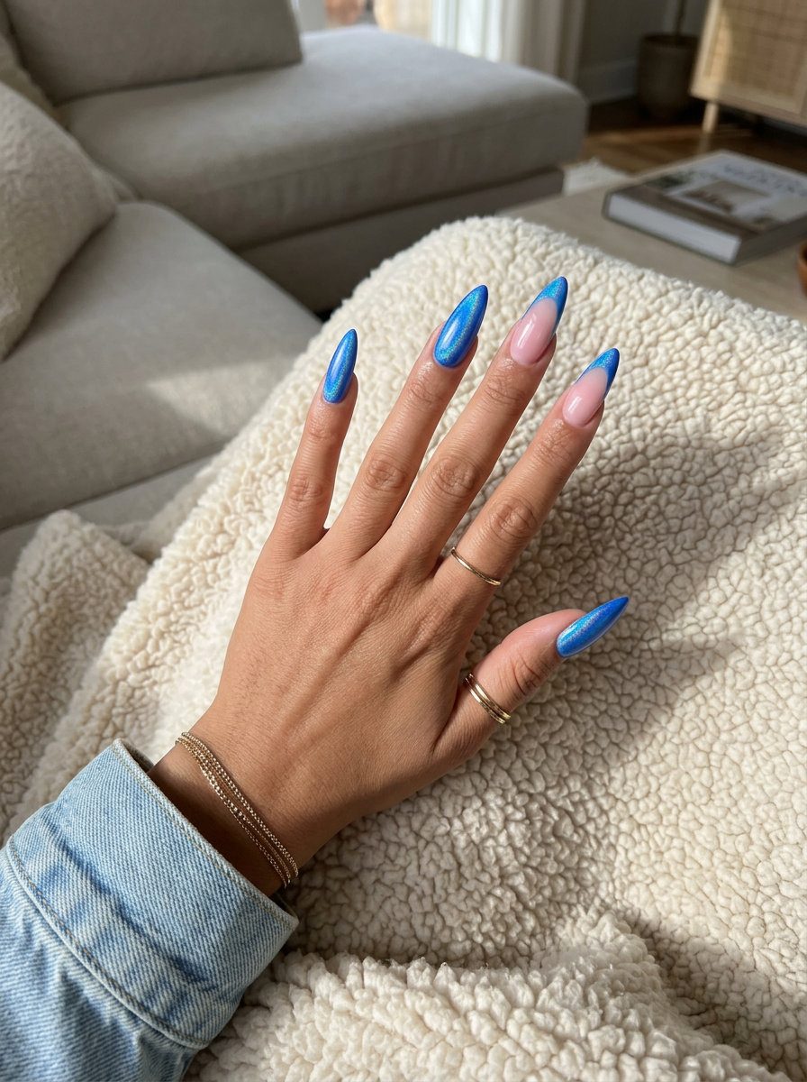 Bold electric blue aura accent nails for summer nail colors 2026 festivals and parties. Futuristic holographic shimmer.