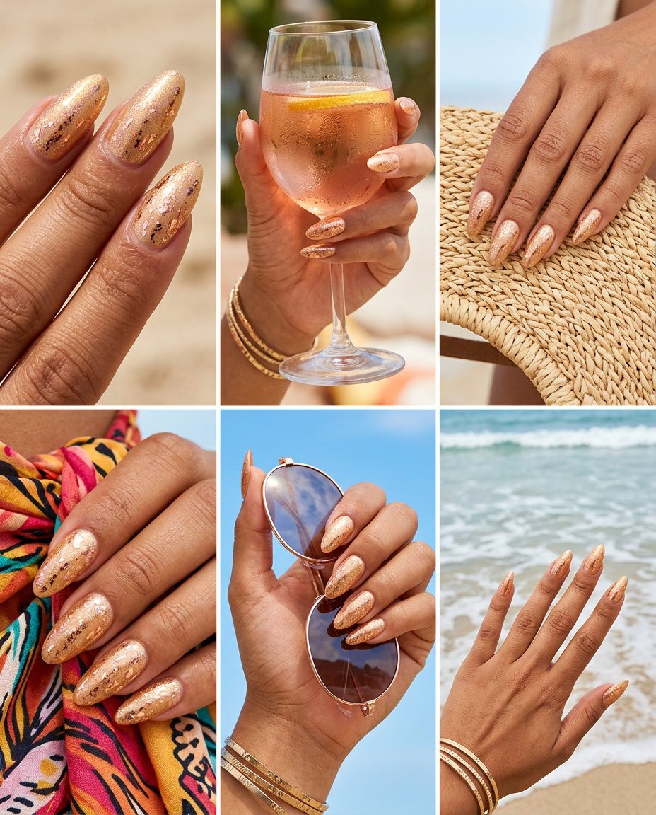 Golden Hour Shimmer Chrome Flakes: Glamorous summer nail colors 2026 for parties and date nights. Warm gold shimmer with rose gold flakes.