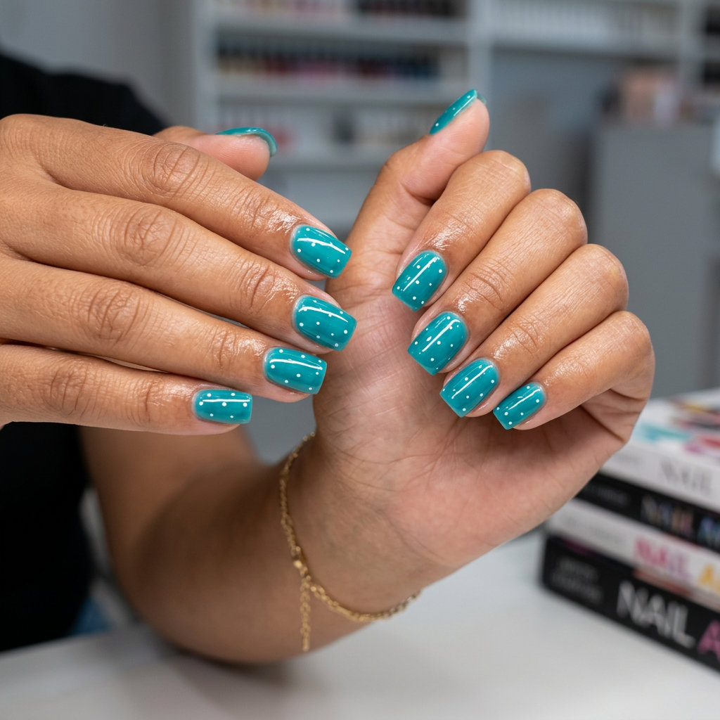 Playful ocean teal jelly dots nails for summer nail colors 2026, great for vacations.