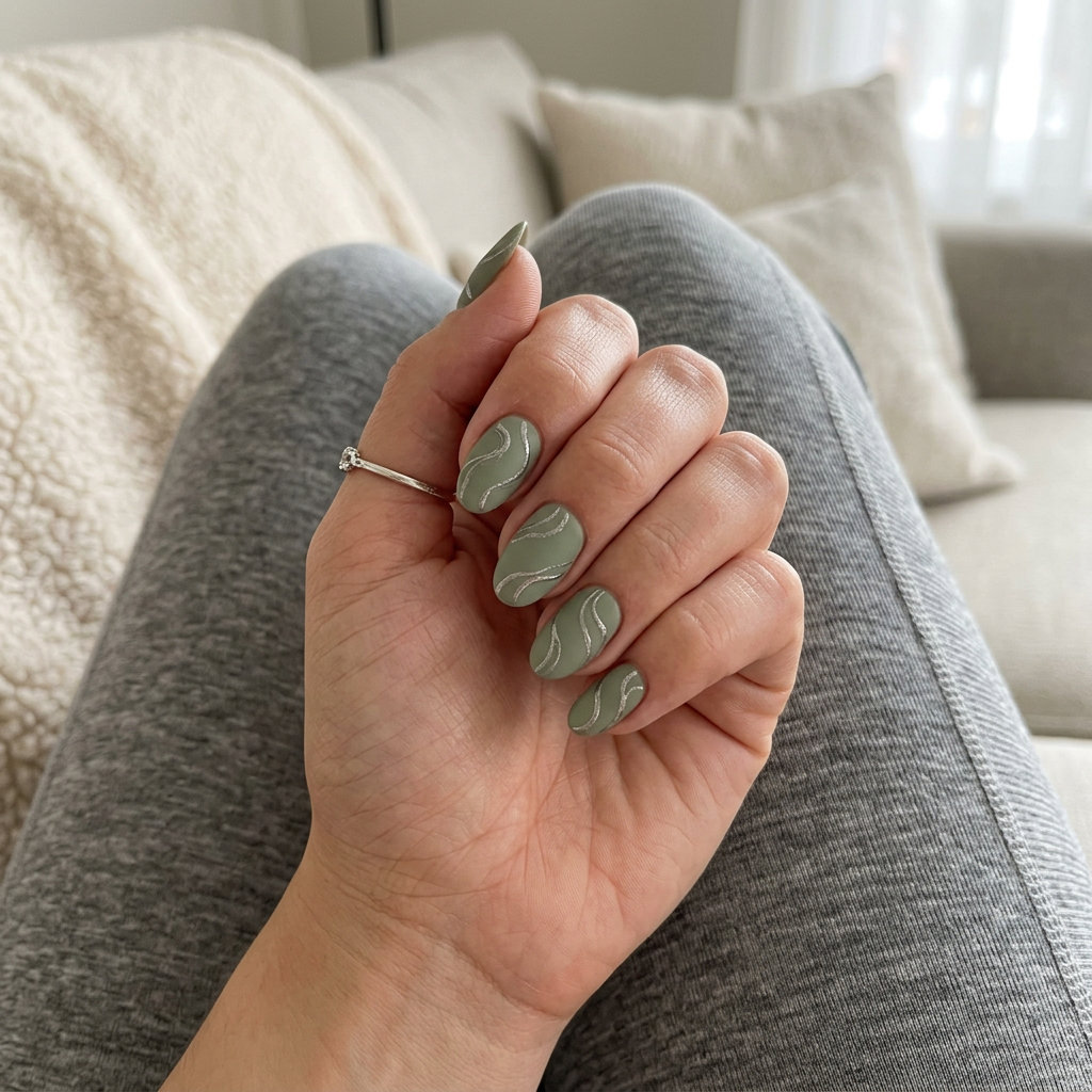 Earthy sage green matte chrome swirl nails for summer nail colors 2026, great for work.