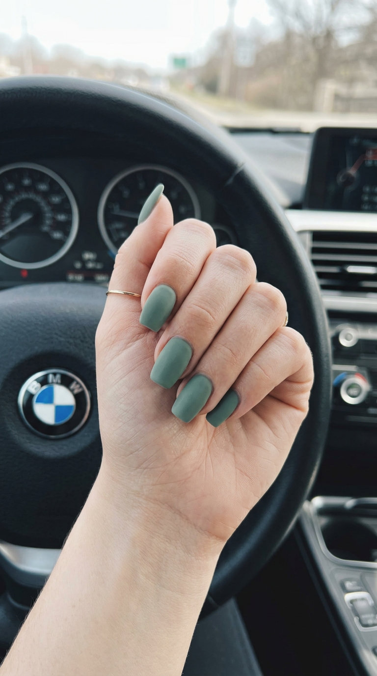 Sage Green Velvet Matte nails for summer 2026. Sophisticated earthy casual evening style.