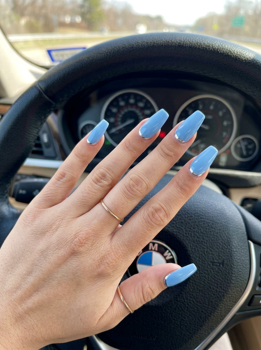 Minimalist sky blue chrome accent line nails for summer nail colors 2026, ideal for work.