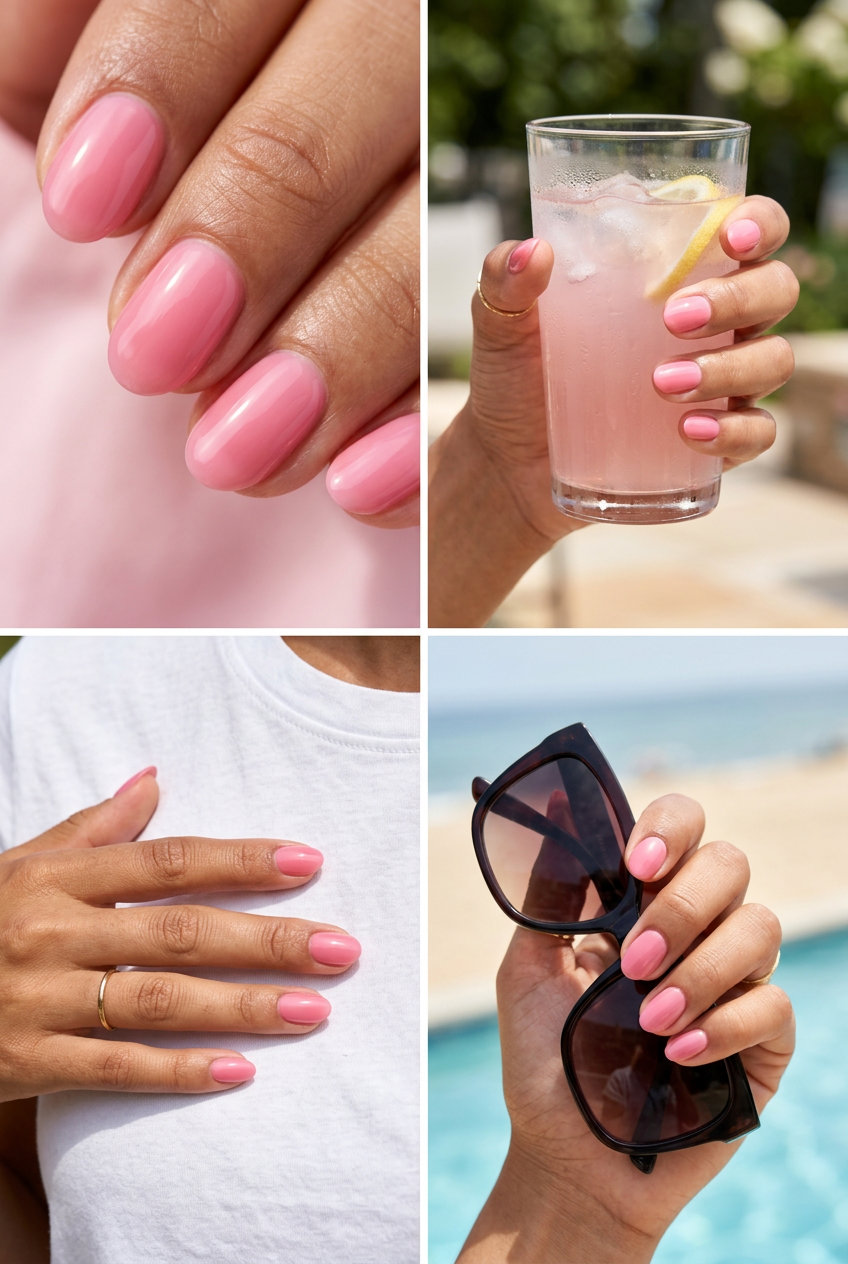 Strawberry Milk Jelly Solid Color nails for summer 2026. Playful sweet casual festival style.