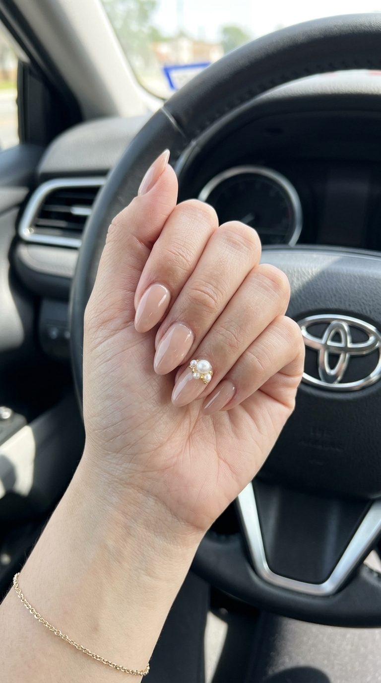 3D Pearl Accent Nude nails for summer 2026: romantic, elegant wedding guest style.
