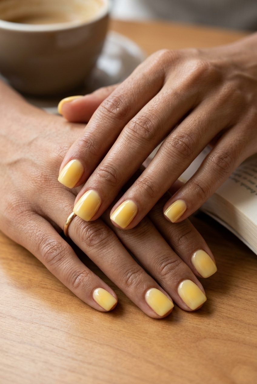 Butter Yellow Aura Square nails for summer 2026: subtle gradient, glossy finish, minimalist chic.