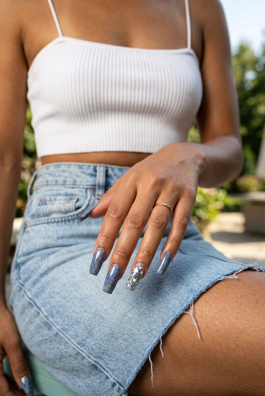 Holographic glitter flare explosion nails for summer nails 2026 festival outfits. Futuristic & glamorous.