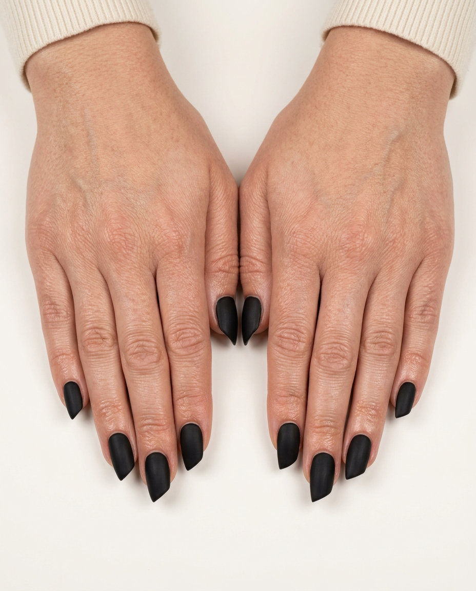 Matte black enigma lipstick shape nails for summer nails 2026 date night outfits. Edgy & bold.