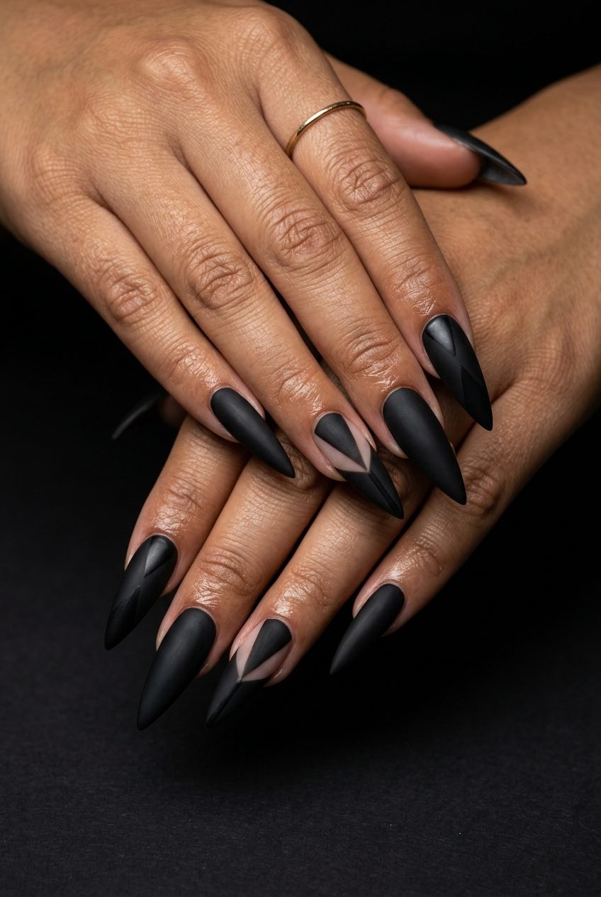 Matte Black Negative Space Stiletto nails for summer 2026: edgy, bold party style.