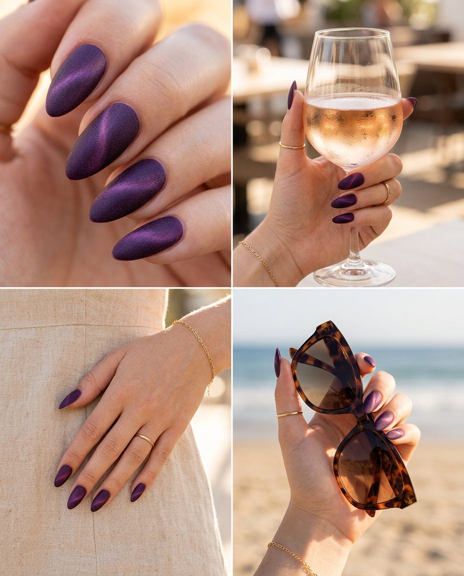 Mystic Purple Velvet Cat-Eye nails for summer 2026: sultry, luxurious evening event style.