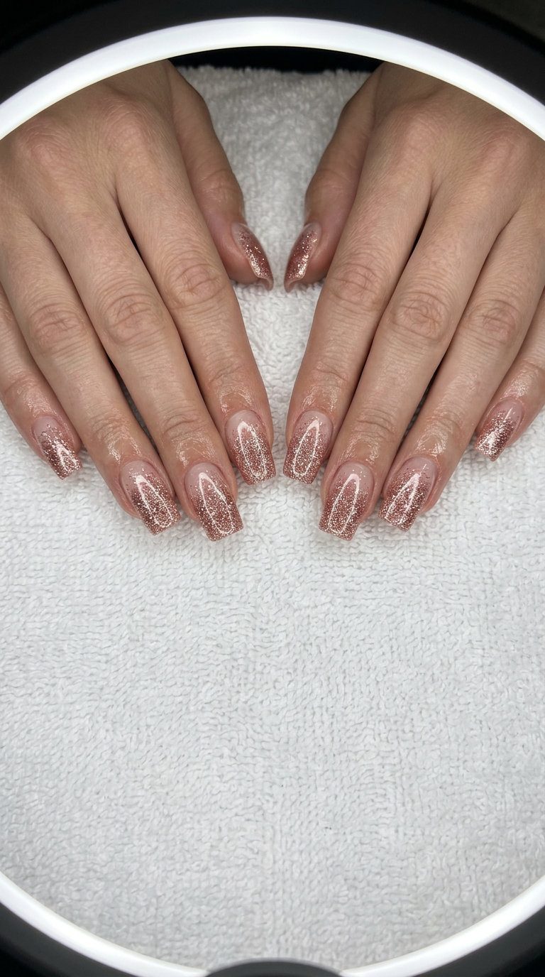 Rose gold glitter gradient square nails for summer nails 2026 party outfits. Glamorous & sparkly.