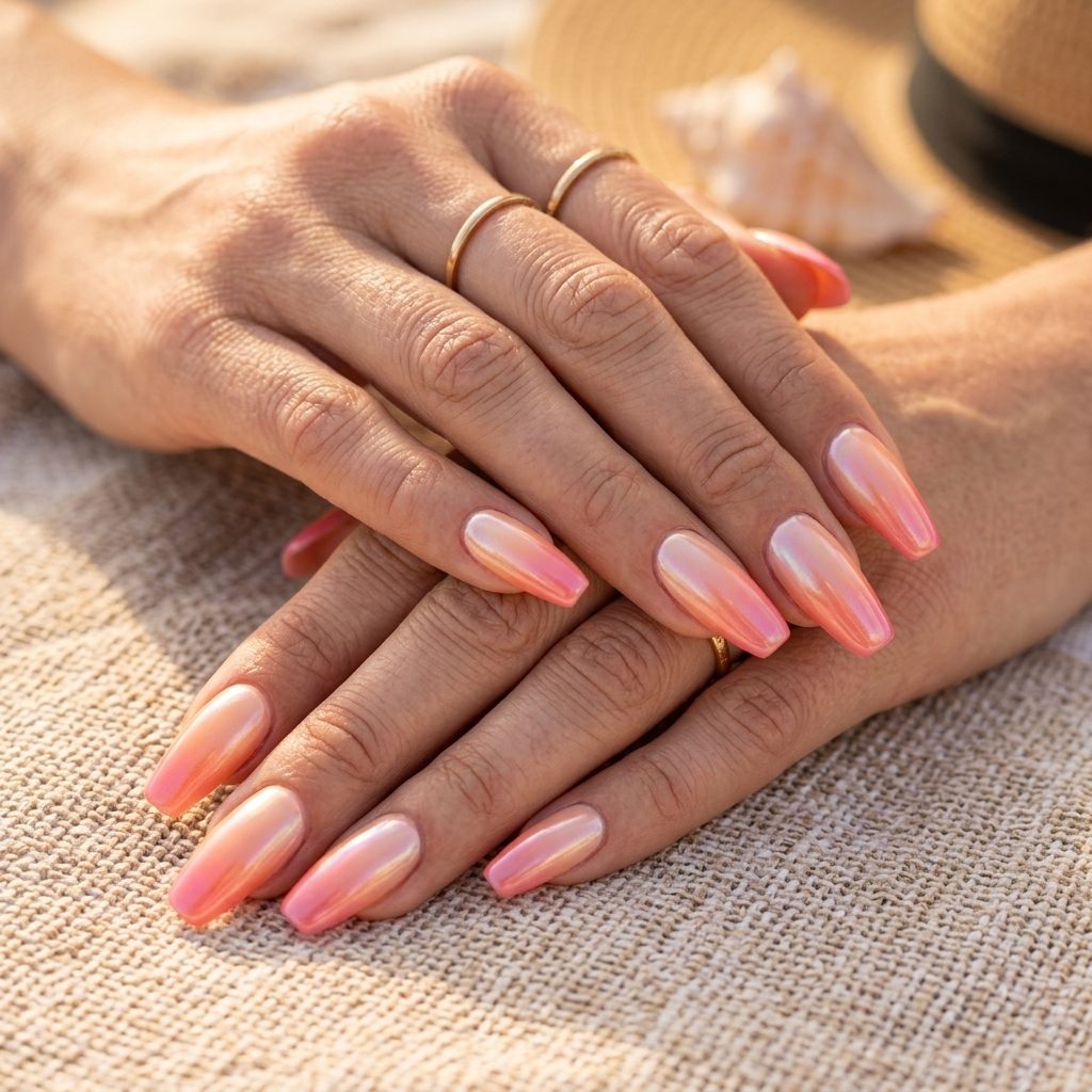Sunset Ombre Glazed Coffin nails for summer 2026: glamorous, ethereal beach getaway style.