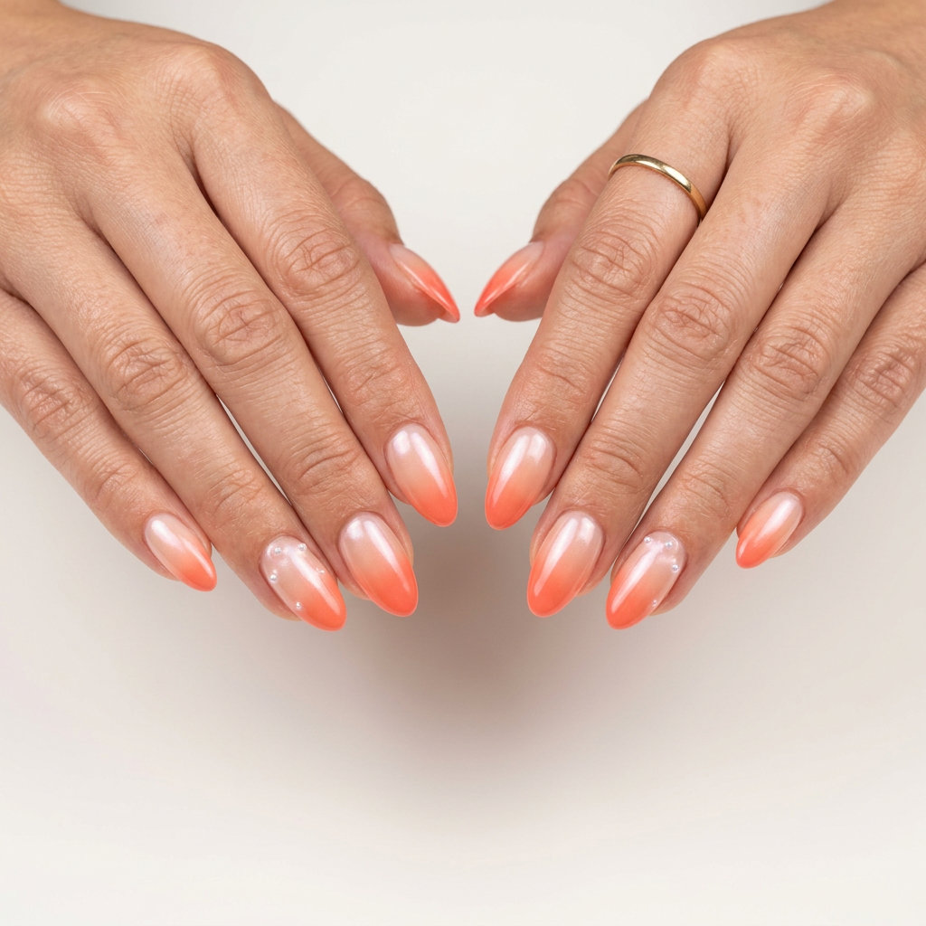 Sunset Ombre Glazed Coffin nails for summer 2026: glamorous, dreamy vacation style.