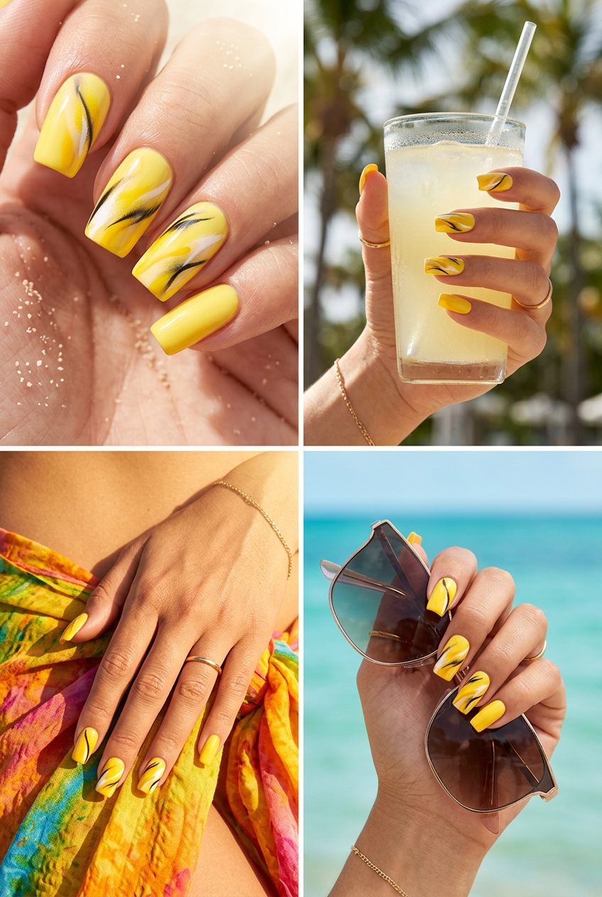 Sunshine airbrush abstract nails in yellow with black and white for summer nails 2026, great for festivals.