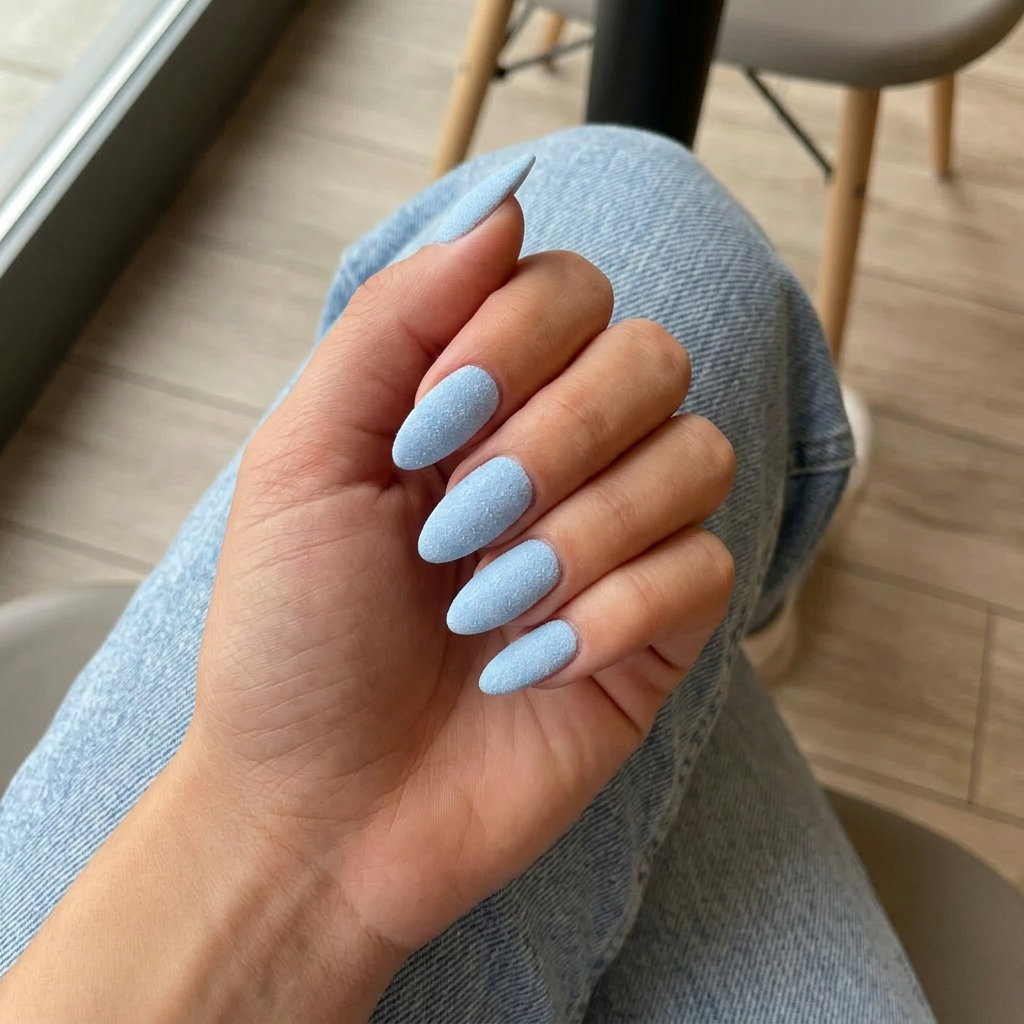 Sweet sugar almond glaze pastel blue nails for summer nails 2026 festival outfits. Playful & whimsical.