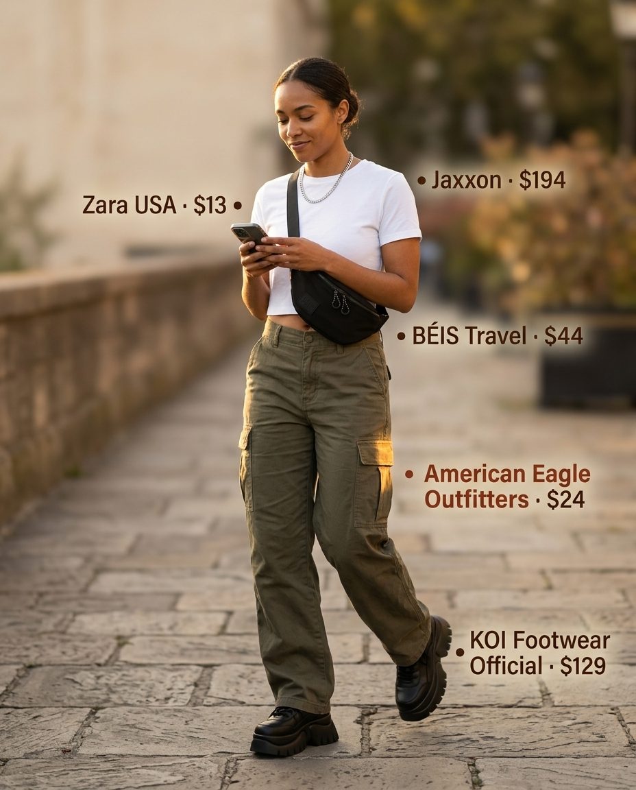 Summer Outfits 2026: Urban Explorer Cargo Pants Urban explorer outfit: olive cargo pants, white tee, and platform sneakers for summer 2026.