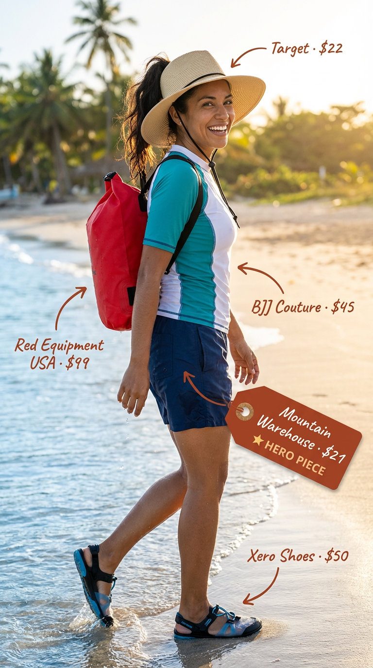 Sporty navy board shorts, teal rash guard, and waterproof sandals, ideal active wear for summer outfits for beach 2026 and water sports.