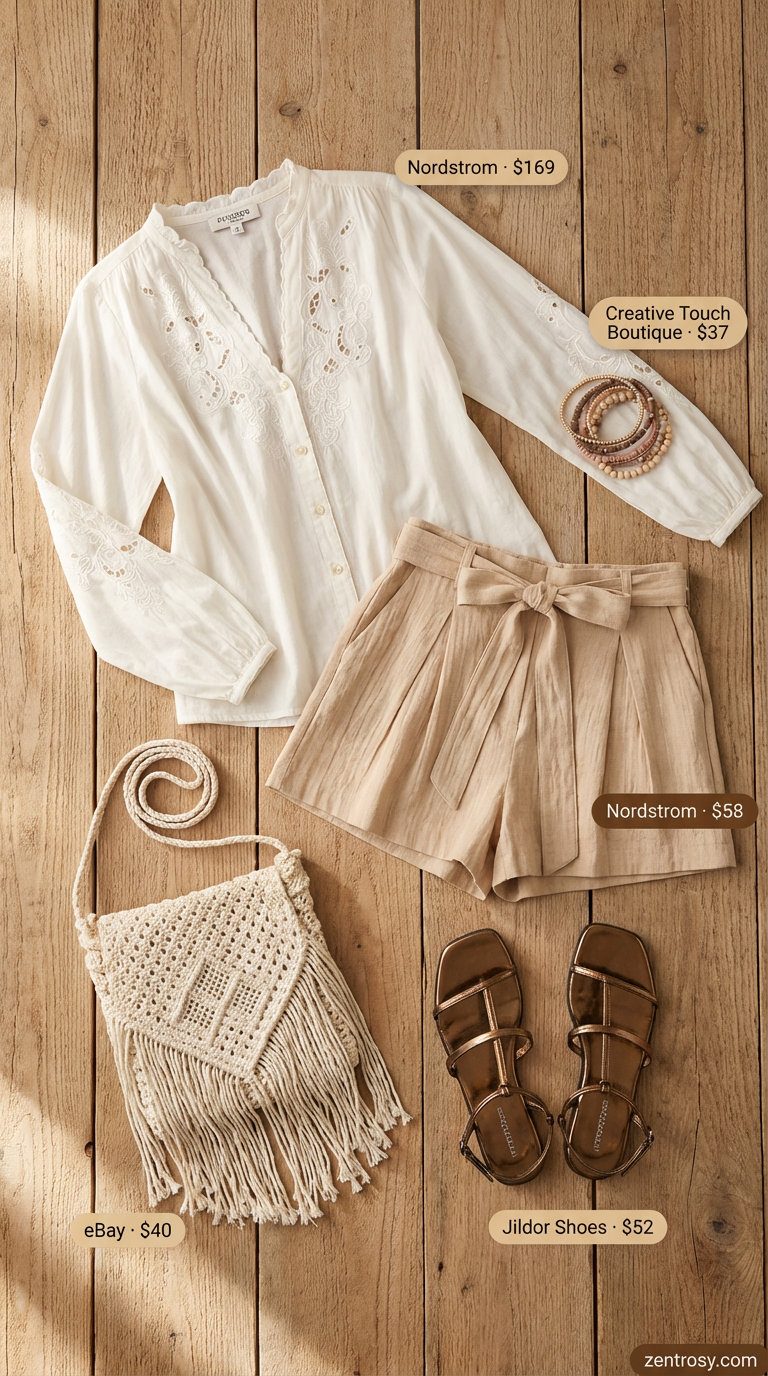 Bohemian off-white embroidered peasant blouse, beige linen shorts, bronze gladiator sandals, and a crochet bag, perfect for summer outfits for beach 2026.