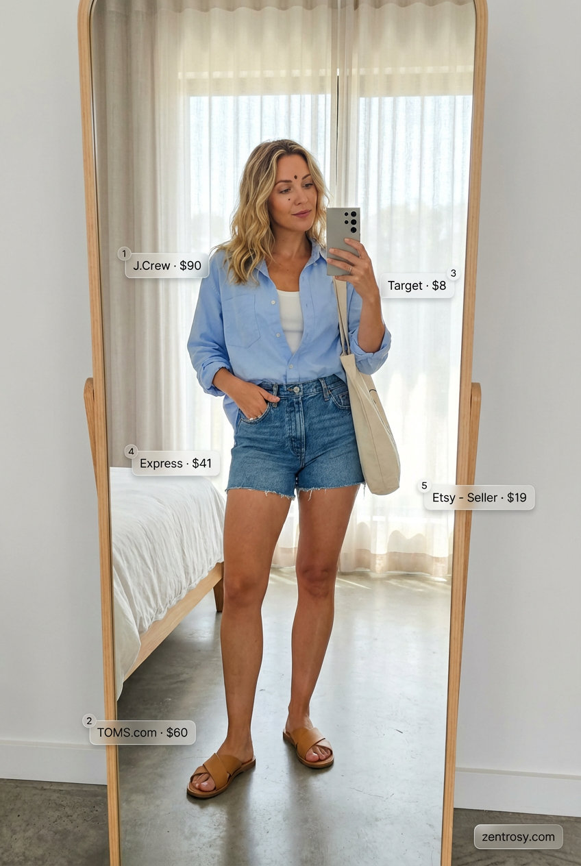 Effortless sky blue oversized button-down shirt over a white tank and denim shorts, with canvas tote and tan slides, for casual coastal summer outfits for beach 2026.