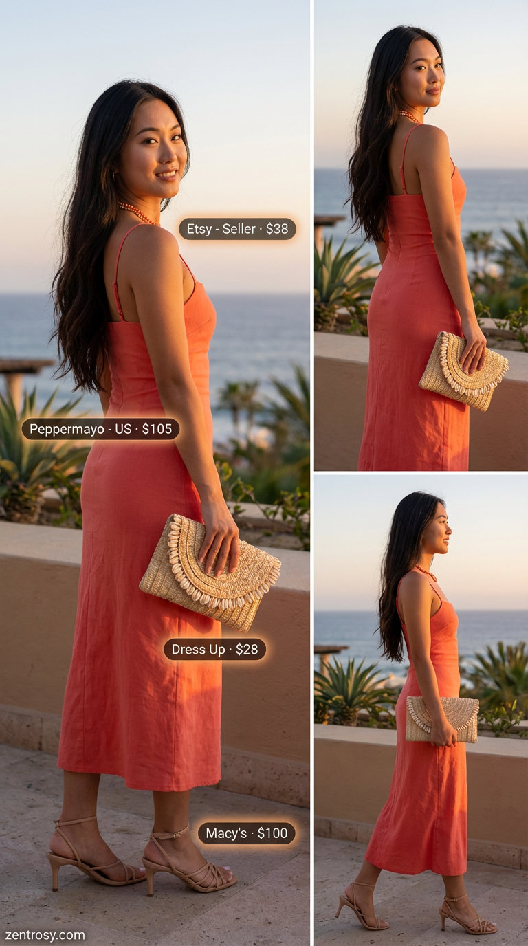 Romantic coral V-neck maxi dress with gold metallic sandals and a raffia clutch, a vibrant option for stunning summer outfits for beach 2026.