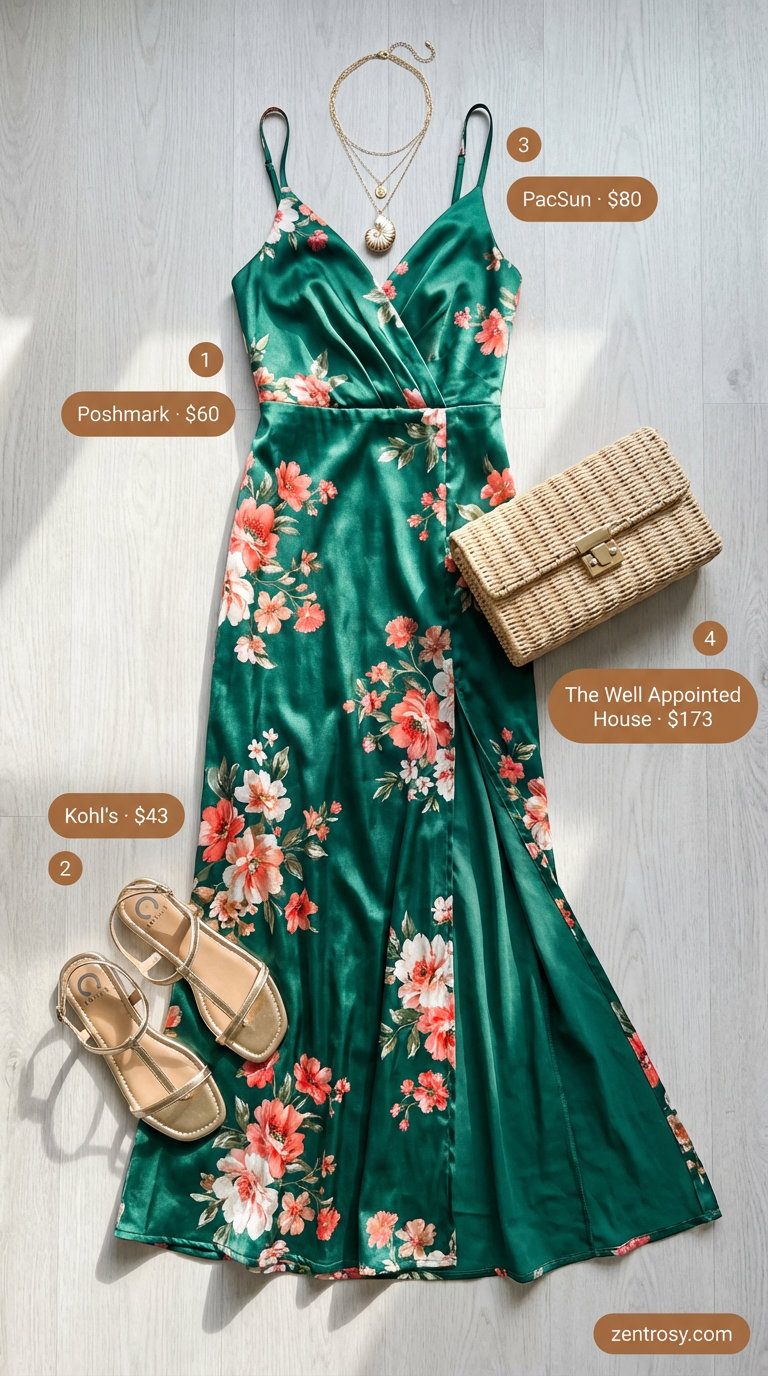 Elegant emerald green coral print flowy maxi dress, delicate gold sandals, and a straw clutch, perfect for stunning summer outfits for beach 2026.
