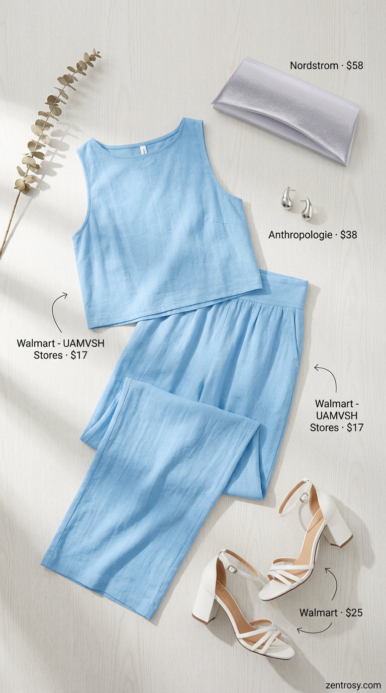 Sophisticated sky blue linen blend crop top and wide-leg pants set, white block-heel sandals, and a silver clutch for stylish summer outfits for beach 2026.