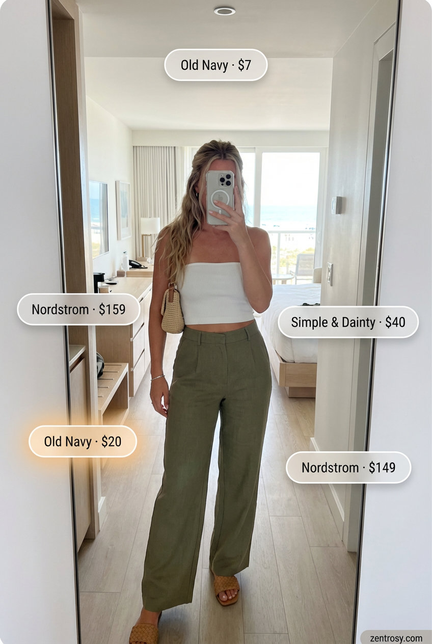 Chic olive green wide-leg linen pants and white bandeau top for stylish summer outfits for beach 2026. Includes tan slide sandals, gold anklet, and straw bag.