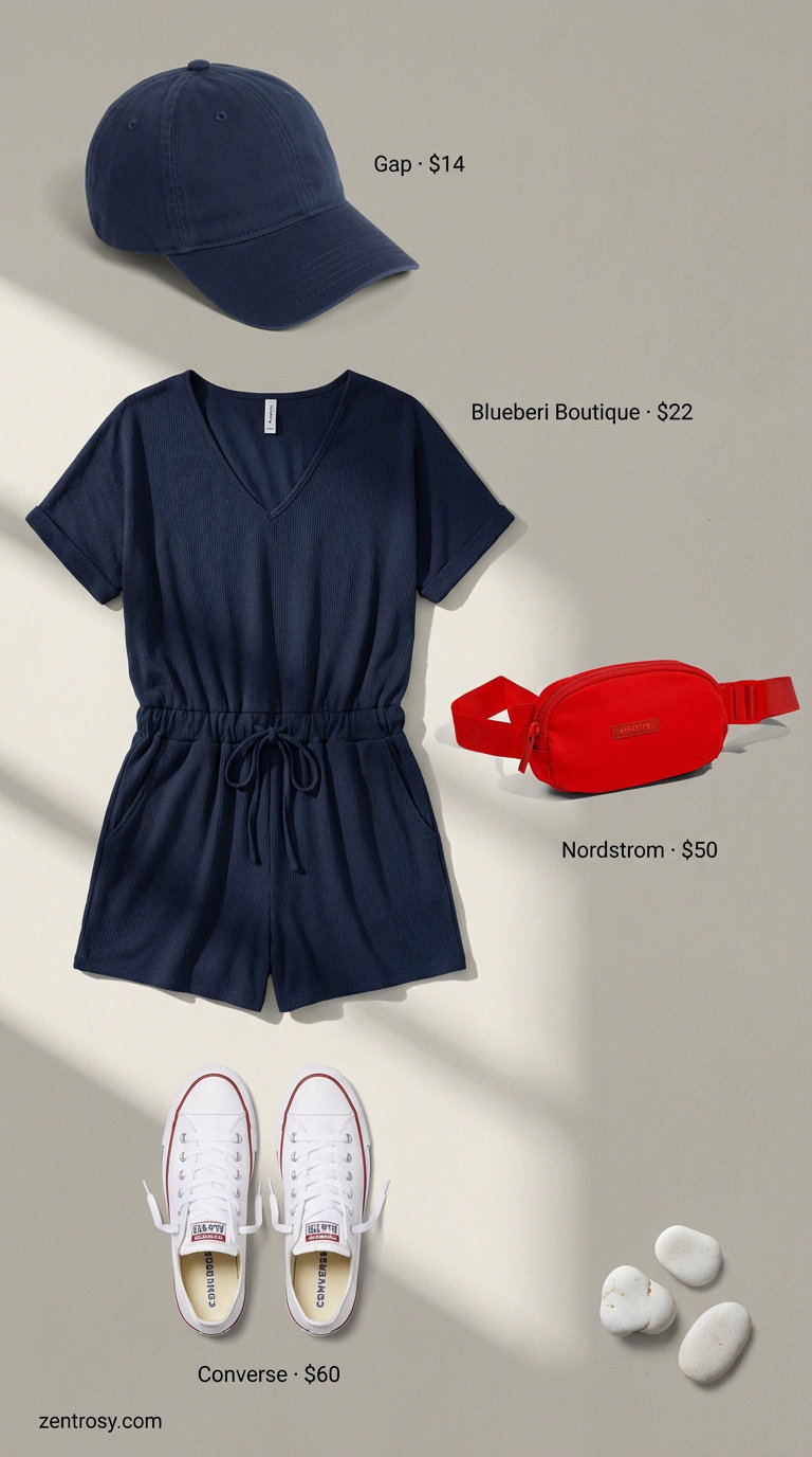 Active navy jersey romper, white canvas sneakers, red belt bag, and white baseball cap, for playful summer outfits for beach 2026 activities and casual outings.