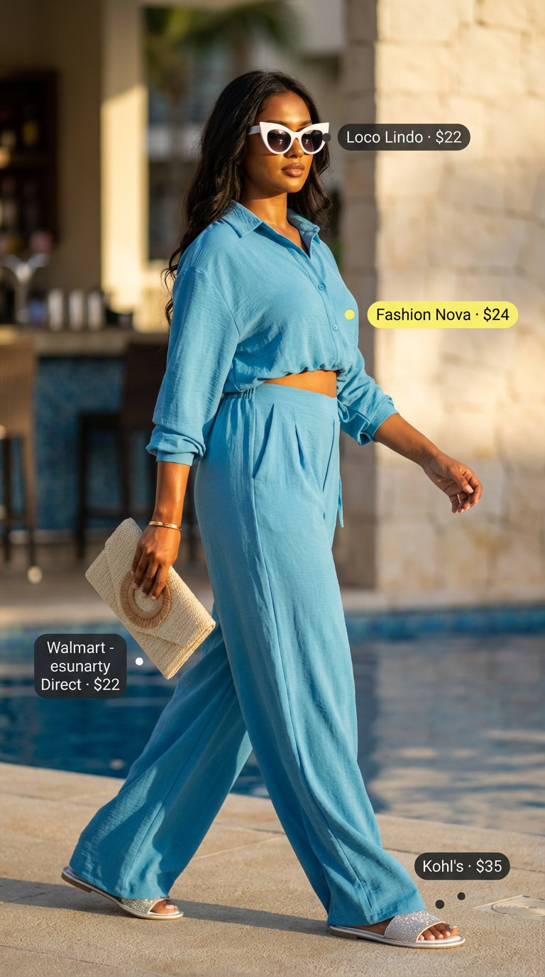 Glamorous aqua blue matching set, white sandals, and straw clutch, perfect resort wear for summer outfits for beach 2026. Chic poolside glamour.