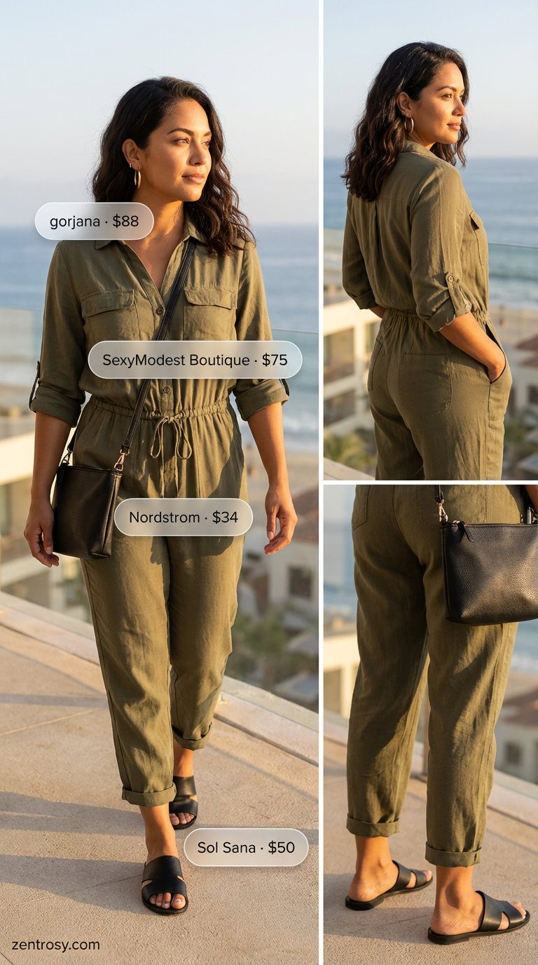 Chic olive green Tencel utility jumpsuit with black leather slides, gold hoops, and a black crossbody bag, a comfortable option for summer outfits for beach 2026 resort lounging.