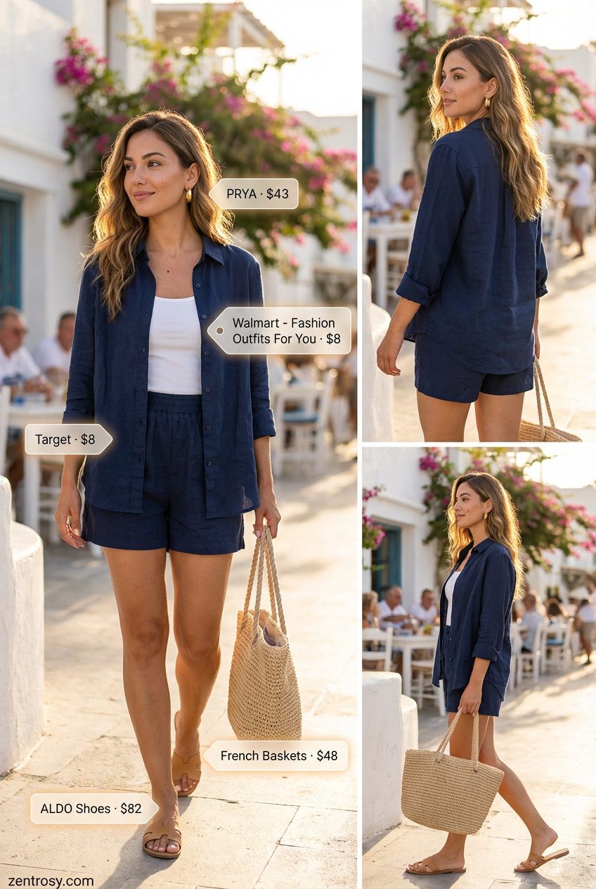 Chic navy linen matching set, white tank top, and straw tote, a relaxed yet stylish option for summer outfits for beach 2026 brunch.