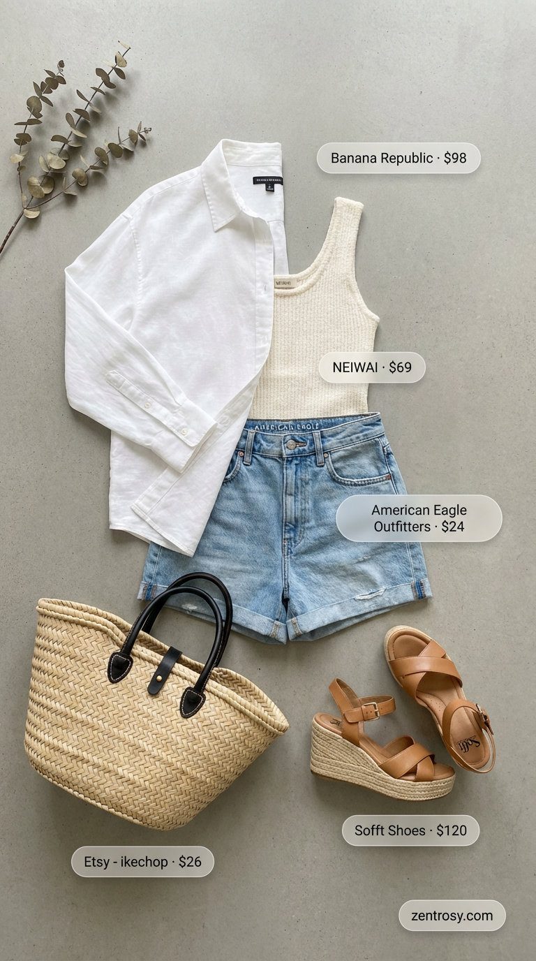 Relaxed white linen oversized shirt, ivory ribbed tank, light wash denim shorts, espadrille wedges, and straw tote, ideal for summer outfits for beach 2026 brunch and strolling.