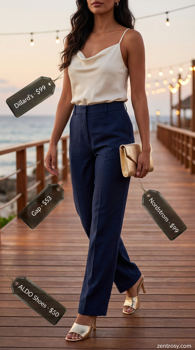 Elegant navy linen wide-leg pants, cream silk camisole, gold heeled mules, and a structured clutch, for sophisticated summer outfits for beach 2026 evening events.