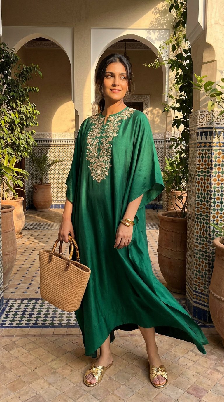 Luxurious emerald green gold tropical print maxi caftan with gold slide sandals and a round straw bag for chic summer outfits for beach 2026.
