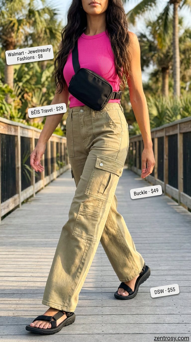 Playful hot pink crop top, khaki cargo pants, and hiking sandals, ideal for adventurous summer outfits for beach 2026 island exploration.