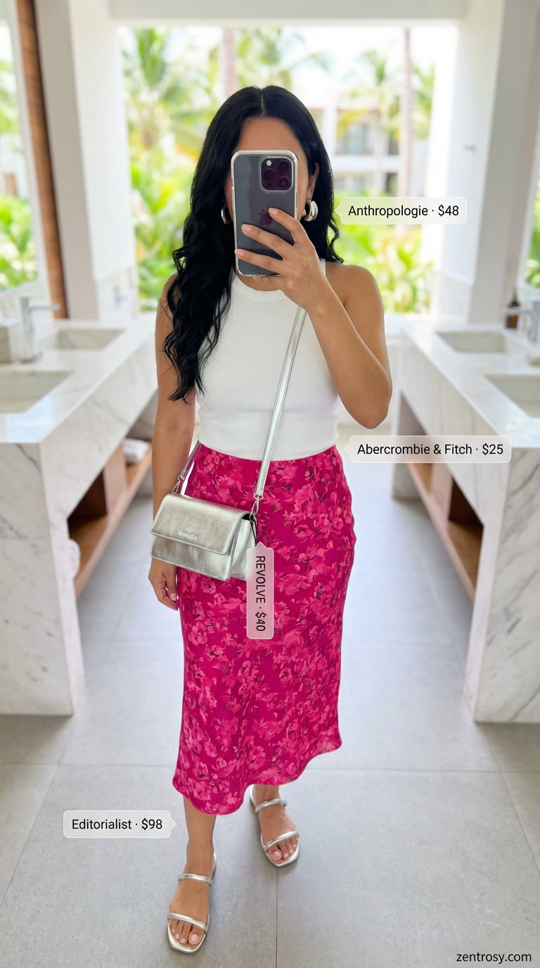Vibrant fuchsia abstract print mini skirt with a white ribbed tank, silver strappy sandals, and a mini crossbody bag, perfect for summer outfits for beach 2026 parties.